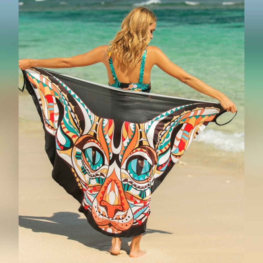 Colorful Art Cat Swim Cover Up Convertible Spaghetti Strap Swimwear Dress Sarong - Picture 6 of 11